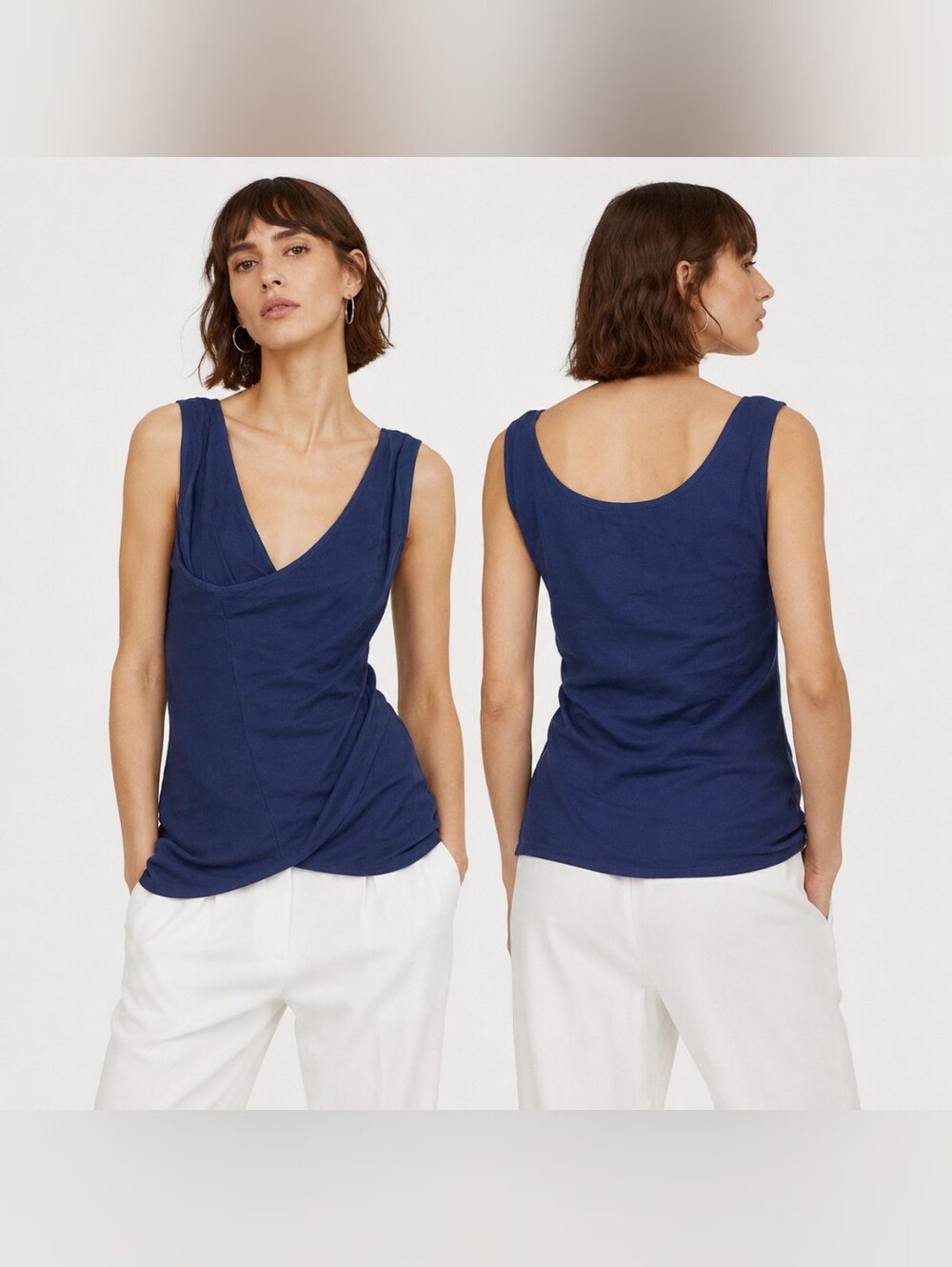 NEW Catherine Gee Silk Linen Asymmetrical Sleeveless Top Cross Wrap Blue